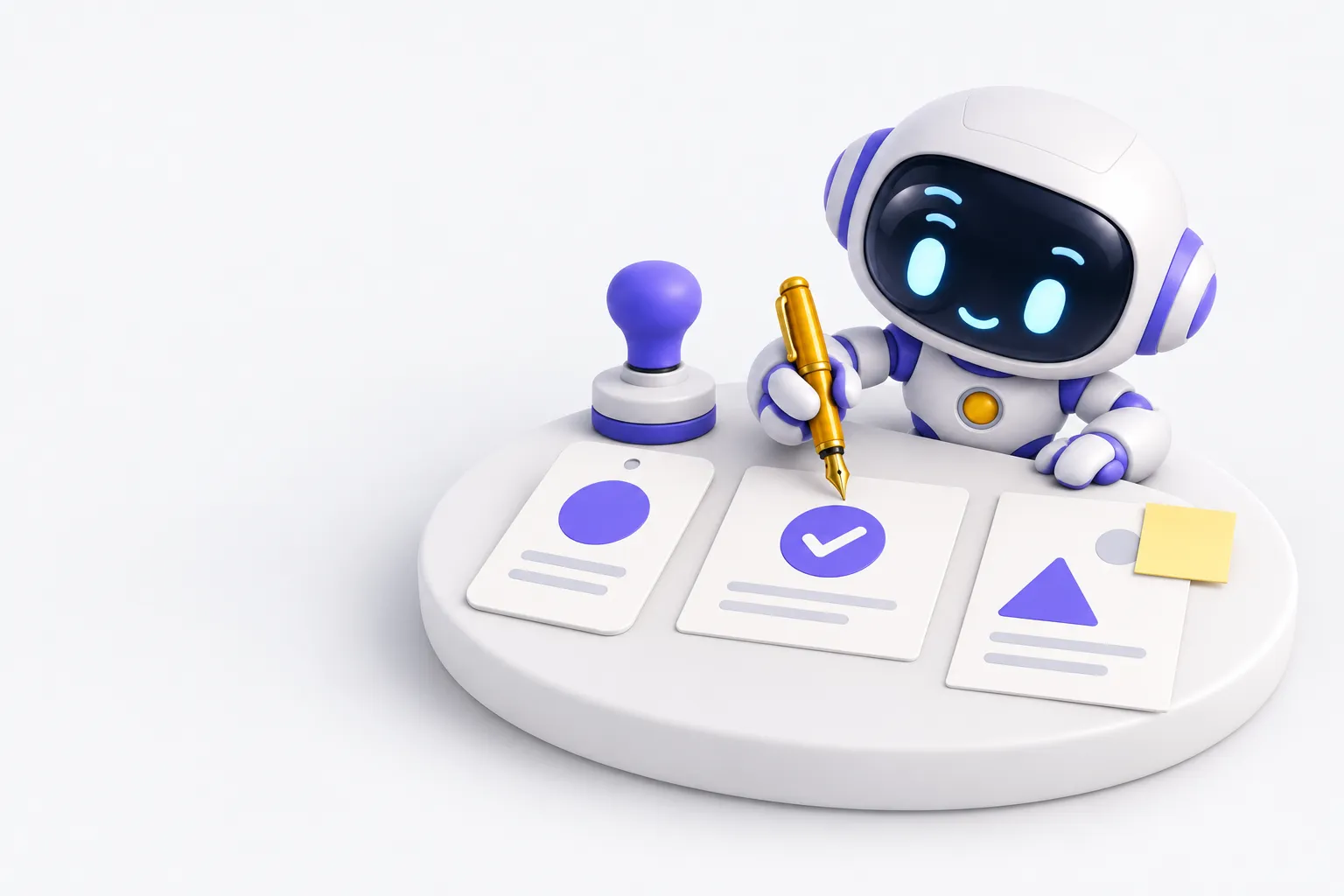 A robot checks ad cards on a review desk, one marked with a violet approval stamp