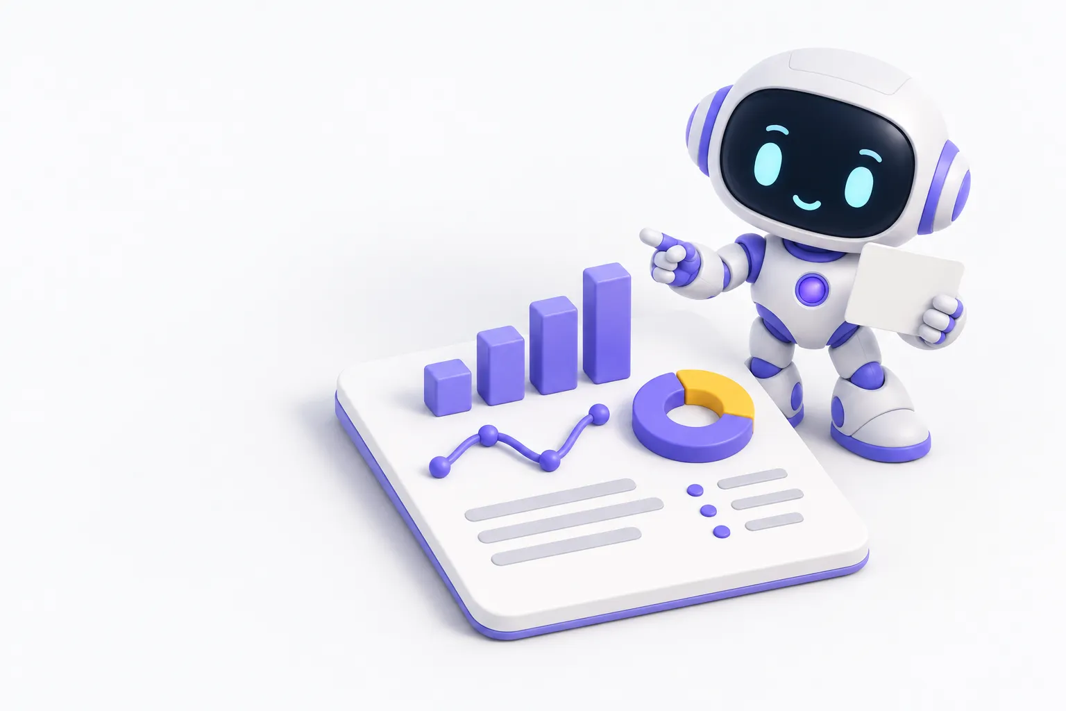 A robot analyst stands beside a report with bar, donut and line charts rising from it