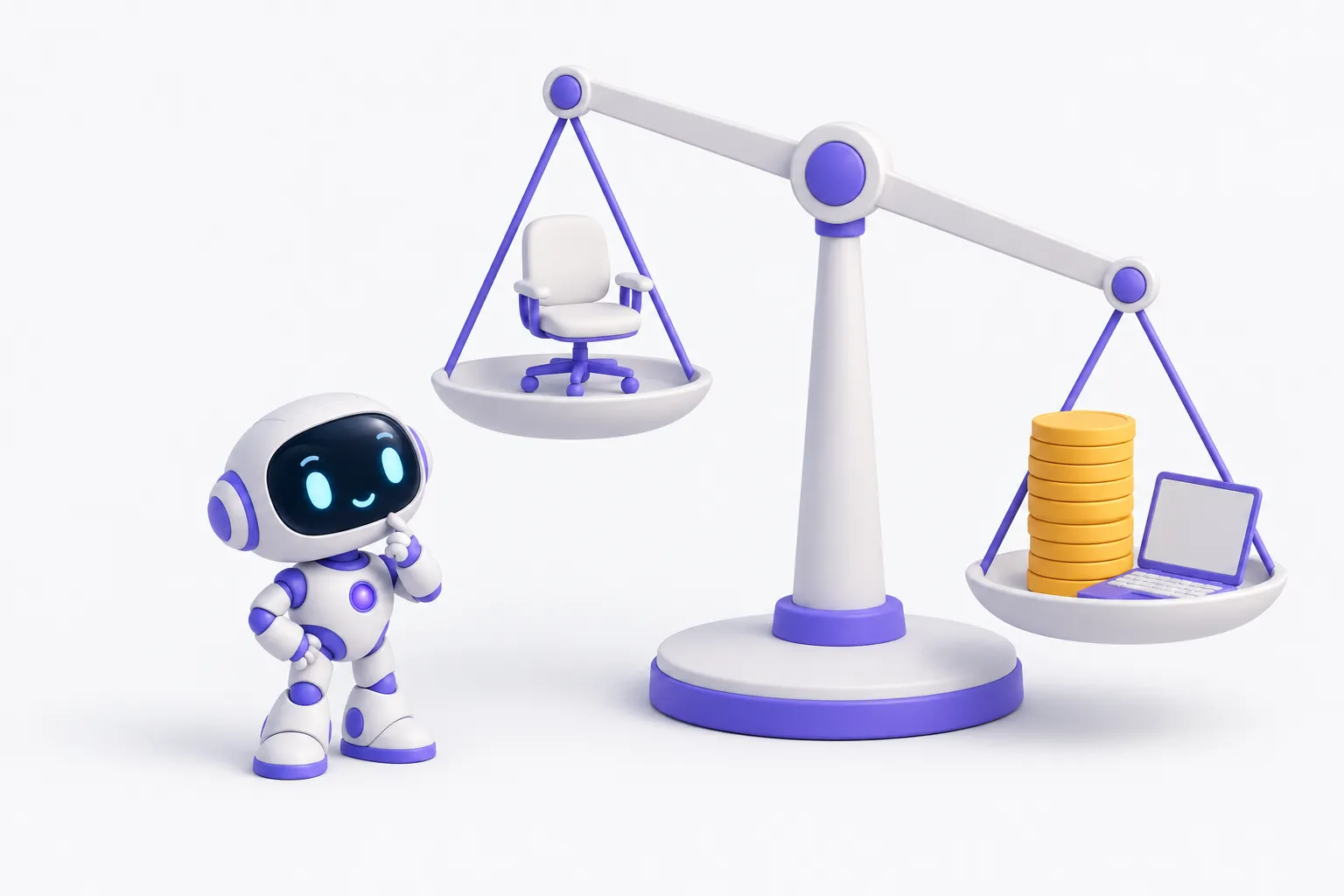 A robot looks up at a balance scale weighing an empty office chair against a stack of coins