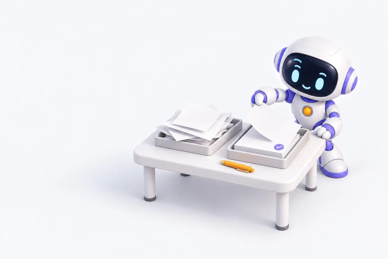 A small robot moves finished pages from a messy inbox tray to a neat, checked stack ready for review